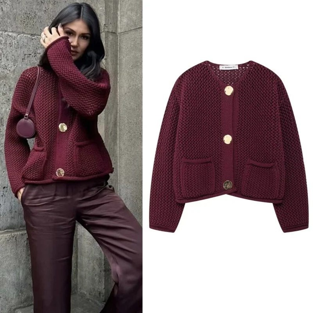 Zara Maroon Burgundy Chunky Cardigan Large Patch Pockets Fall Preppy Academia